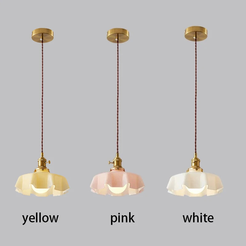 Modern Glass Flower Long-linePendant Lamp With Switch Aluminum all-Copper Lamp Head Bedroom Bedside And Dining Room Lighting