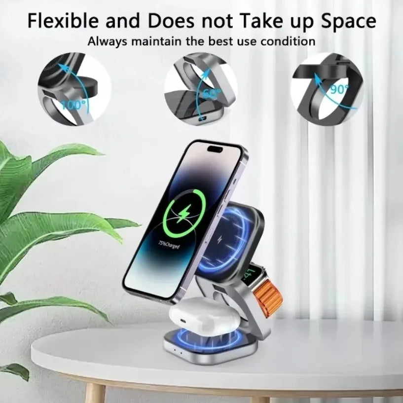 3 In 1 Foldable Magnetic Wireless Charger Stand For iPhone 16 15 14 13 12 IWatch AirPods 3/2 Station Dock Fast Charging Holder