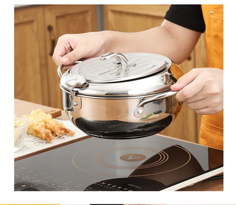 Japanese Deep Frying Pot with a Thermometer and a Lid 304 Stainless Steel Kitchen Tempura Fryer Pan 20/24cm Induction Heating Pa