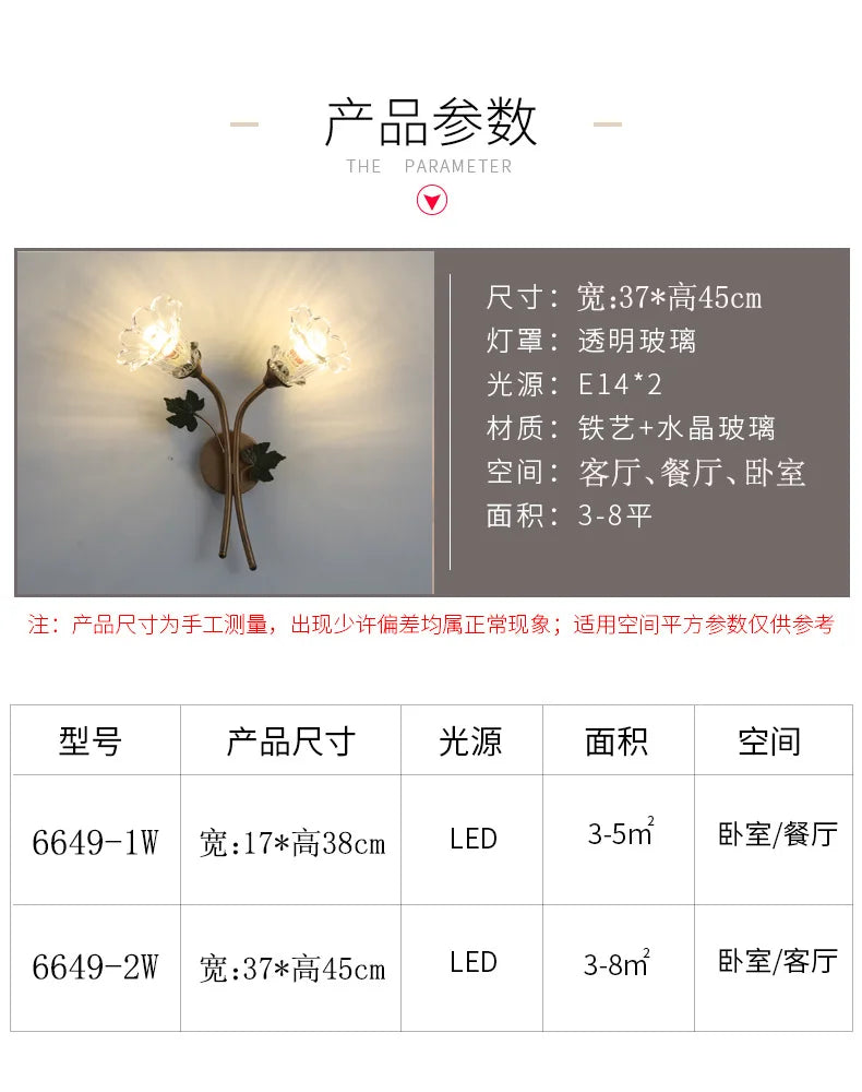 American Wall Lamp - Modern Minimalist & French Rustic Floral Design for Living Room/Bedroom Headboard