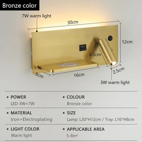 LED Wall Lamp Modern Multifunctional with Wireless Charging USB Interface Bedroom Night Light Indoor Decoration Lighting