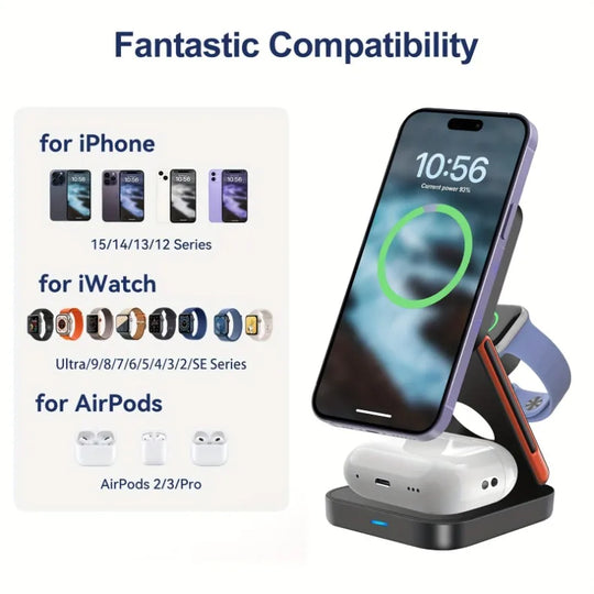 Fast Charging Station 3 in 1 Foldable Magnetic Wireless Charger Stand for iPhone 16 15 14 13 12 iWatch 10-2 Airpods Pro Max