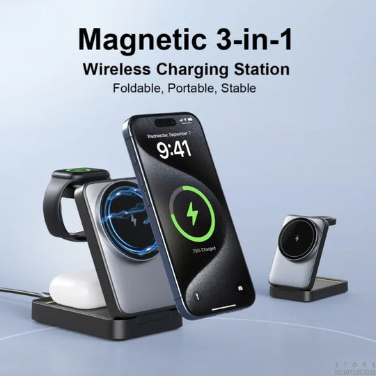Foldable Magnetic 3-in-1 Wireless Charging Station 15W Fast Charge - Portable Travel Dock for iPhone 16/15/14 Pro Max Series