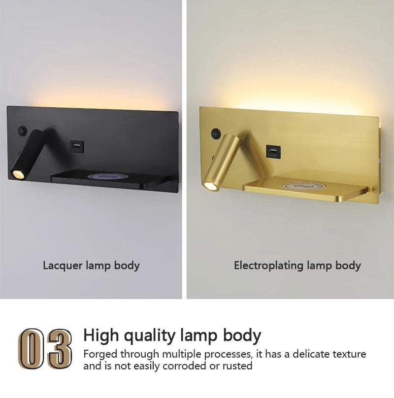 LED Wall Lamp Modern Multifunctional with Wireless Charging USB Interface Bedroom Night Light Indoor Decoration Lighting