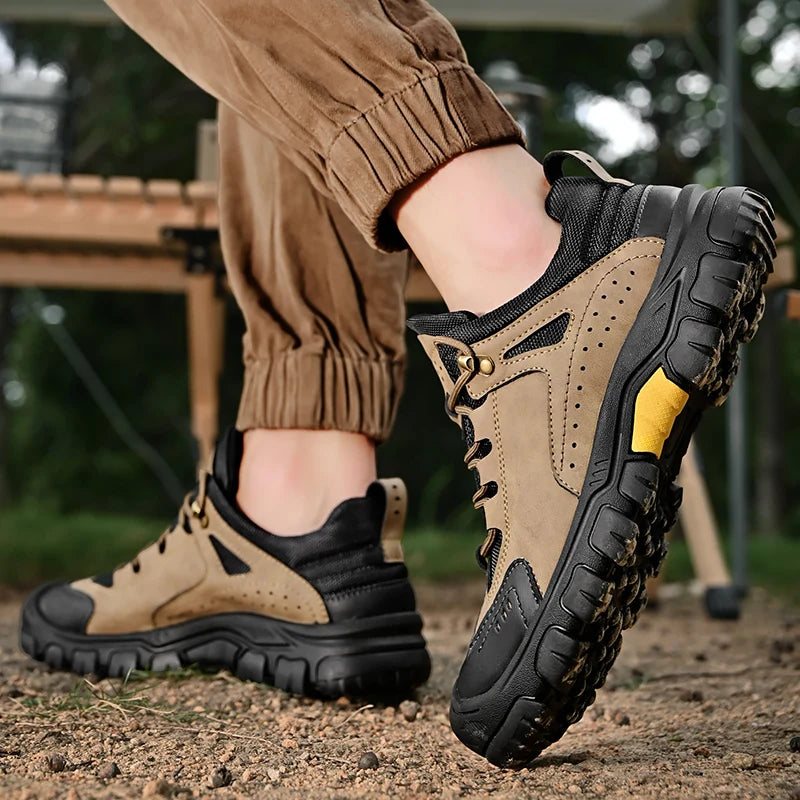 Men's Leather Outdoor Lace Up Anti Slip Sports Shoes Comfortable  Lightweight Hiking Shoes Casual  Breathable Hiking Shoes