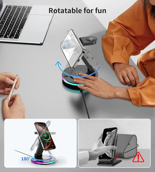 Magnetic Wireless Charging Station for iPhone 16 15 14 Foldable Rotating Light Adjustment 3-in-1 15W Fast Mag-Safe Charger Stand
