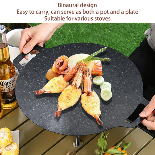 Korean BBQ Grill Pan Smokeless Round Griddle Pan Barbecue Plate Indoor Outdoor Grilling Frying Pan with Heat-resistant holder
