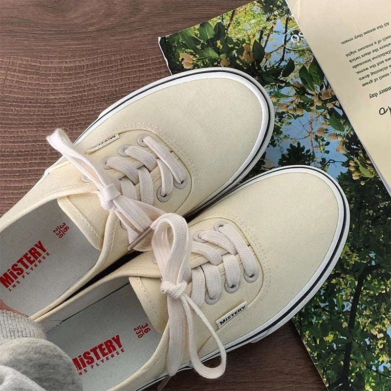 Casual Flats Canvas Sneakers Women Outdoor Solid Color Shallow Sports Shoes Tennis Female Streetwear Lace Up Vulcanize Shoes