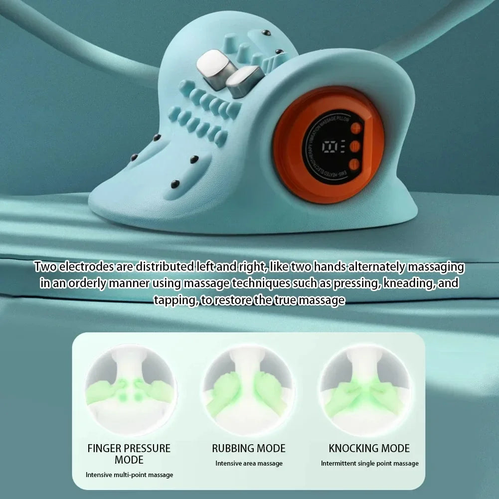 A multifunctional neck massager designed to heat and stretch the neck, back, and shoulders, providing deep relief for neck disco