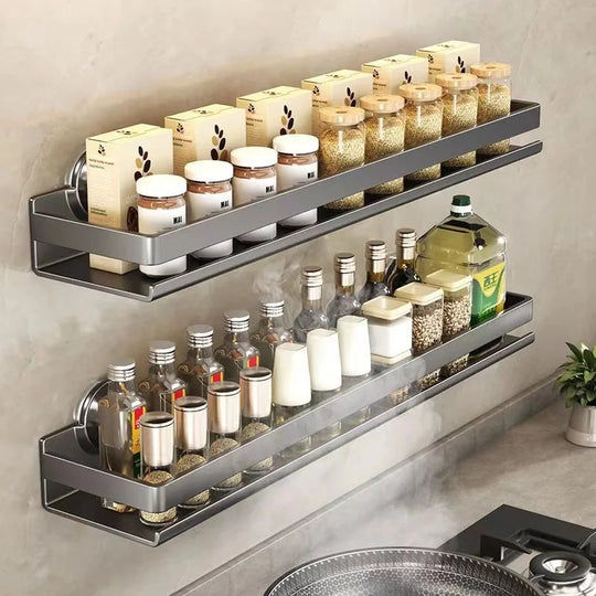 Suction Cup Kitchen Shelf Aluminum Spice Storage Rack Wall Mounted Seasoning Organizer No Drilling Kitchen Organizer Wall Shelf