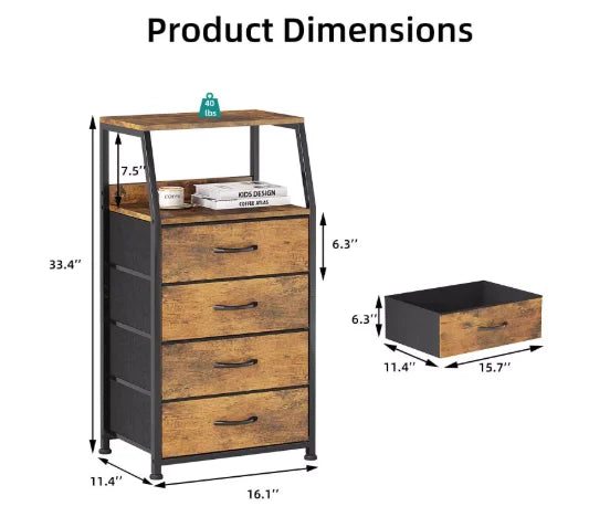 Furnulem Night Stand With Charging Statio 28.3 Inch Tall Side Table With Fabric Drawers And Storage Shelf Bedside Table With