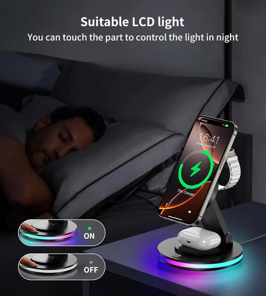 Magnetic Wireless Charging Station for iPhone 16 15 14 Foldable Rotating Light Adjustment 3-in-1 15W Fast Mag-Safe Charger Stand