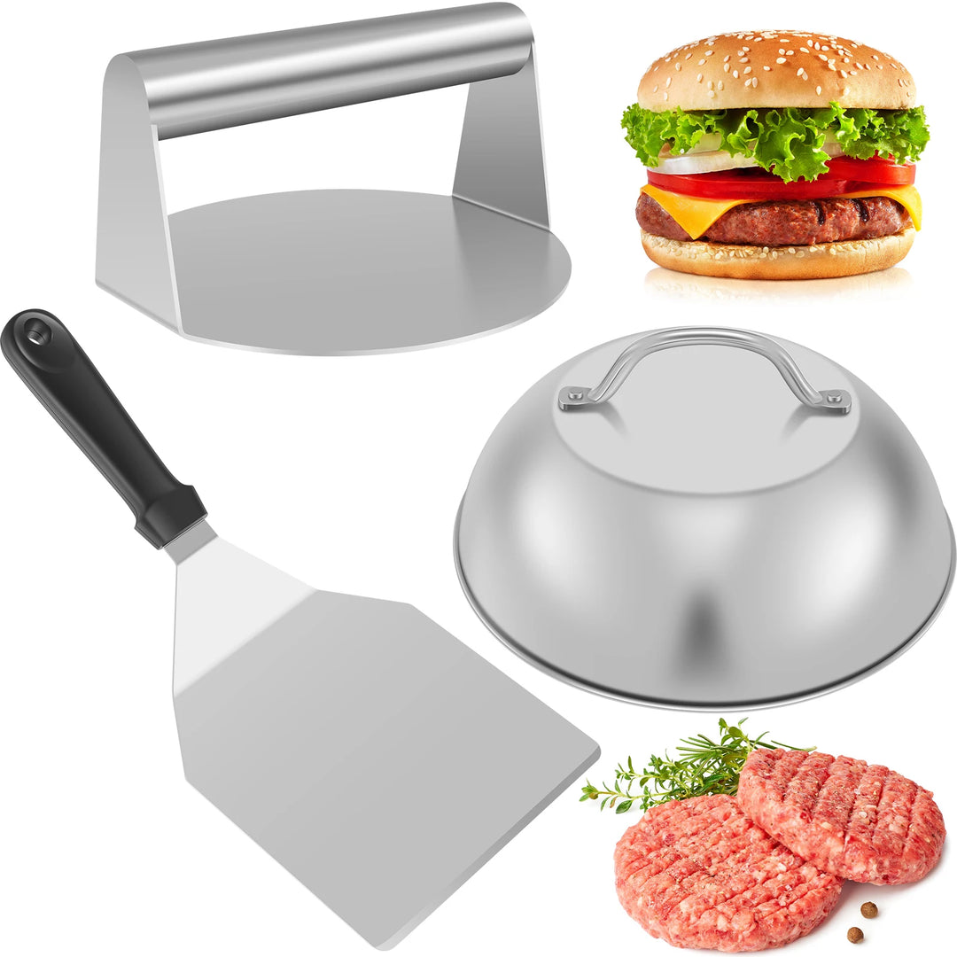 Smash Burger Kit with Lid Griddle Spatula 5.5 Inch Stainless Steel Burger Press 8.9 Inch Basting Cover 13.38 x 5.5 Inch Grill