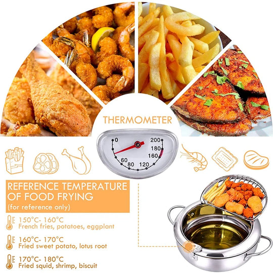 Japanese Deep Frying Pot with a Thermometer and a Lid 304 Stainless Steel Kitchen Tempura Fryer Pan 20/24cm Induction Heating Pa