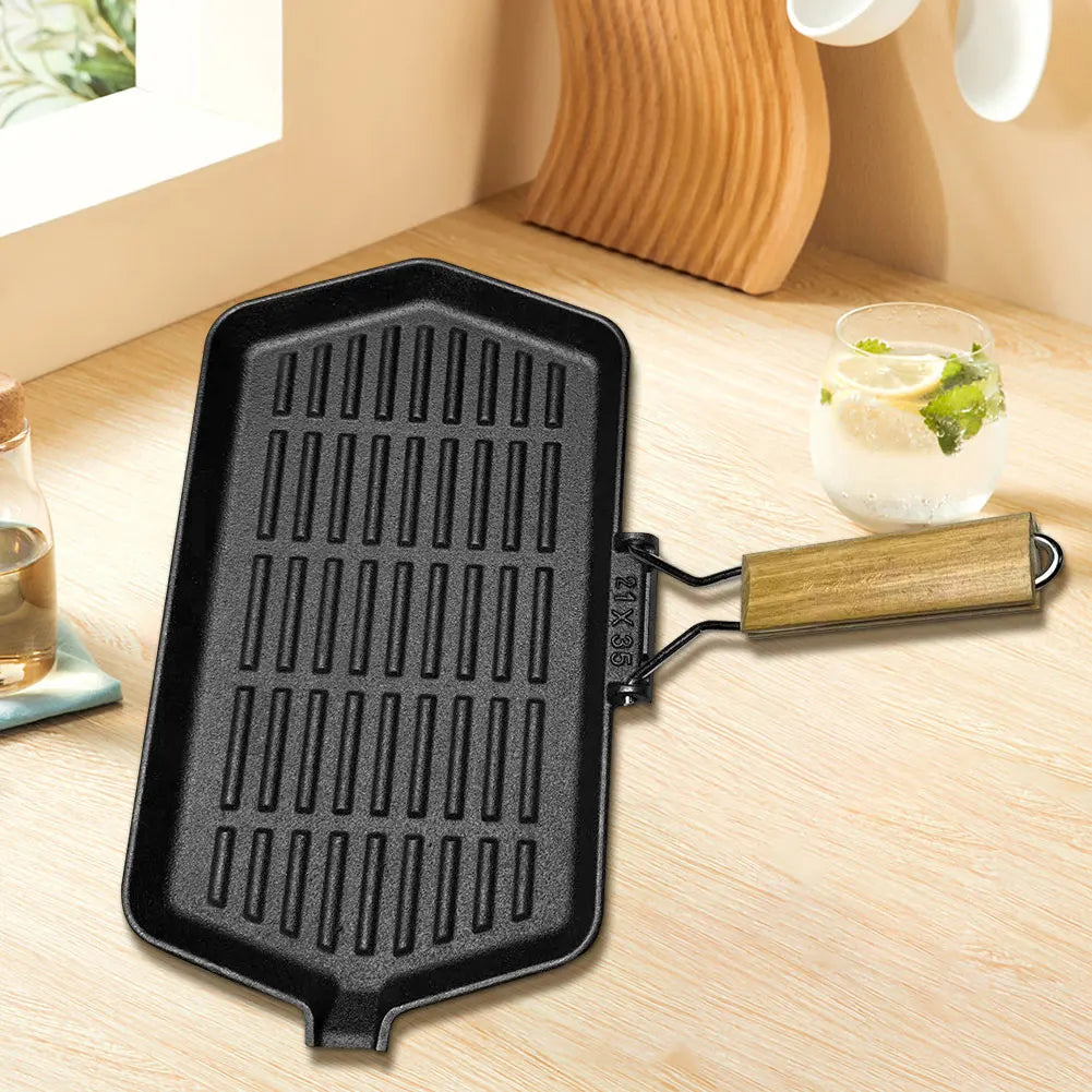 34X19cm Cast Iron Grill Pan Rectangular Frying Pan with Handle Skillet for Induction Cooker for Hiking Picnic Cooking