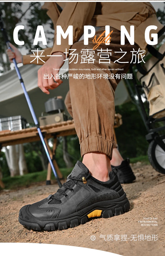 Men's Leather Outdoor Lace Up Anti Slip Sports Shoes Comfortable  Lightweight Hiking Shoes Casual  Breathable Hiking Shoes