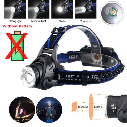 Super Bright Powerful LED Fishing Headlamp Telescopic Zoom 3 Lighting Modes Rechargeable  Flashlight Camping Bicycle Torch