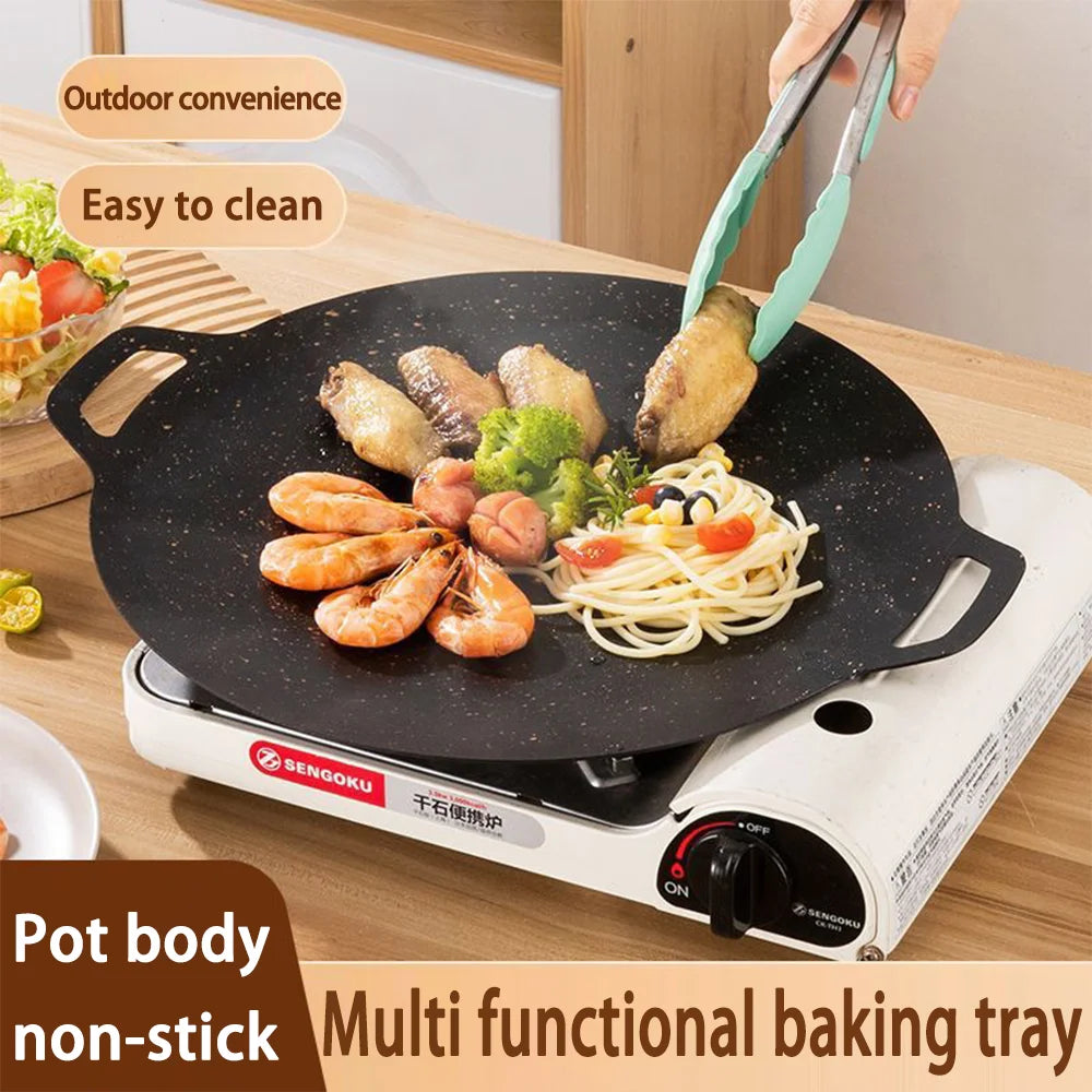 Korean BBQ Grill Pan Smokeless Round Griddle Pan Barbecue Plate Indoor Outdoor Grilling Frying Pan with Heat-resistant holder