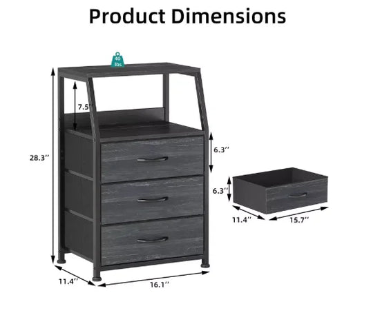 Furnulem Night Stand With Charging Statio 28.3 Inch Tall Side Table With Fabric Drawers And Storage Shelf Bedside Table With