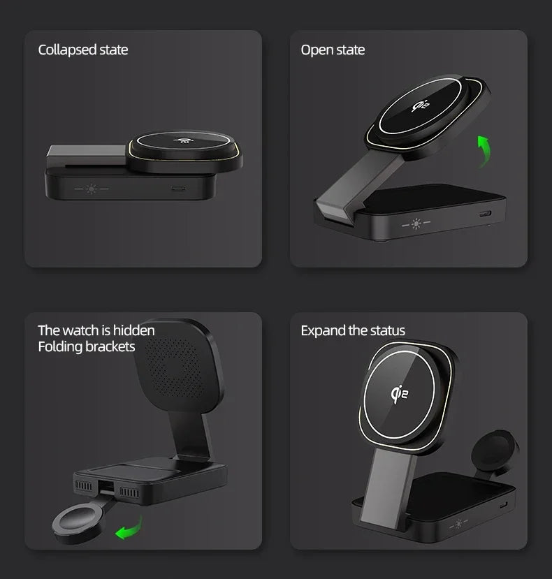 3 In 1 Magnetic Wireless Charger QI2 Folding Wireless Charging Station for Magsafe  iPhone 16 15 14 13 iWatch 9 8 7 AirPods Pro