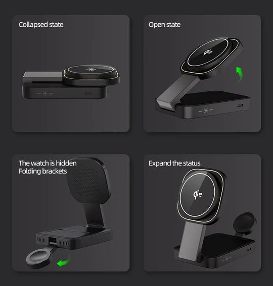 3 In 1 Magnetic Wireless Charger QI2 Folding Wireless Charging Station for Magsafe  iPhone 16 15 14 13 iWatch 9 8 7 AirPods Pro
