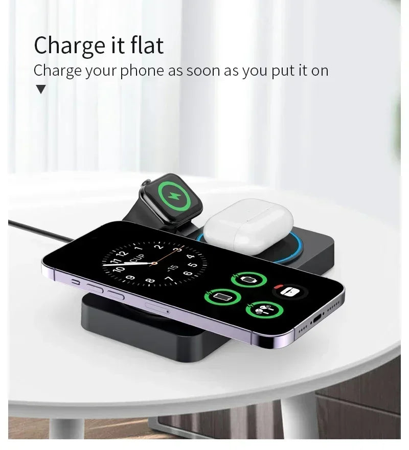 3 in 1 Magnetic Wireless Charger Foldable Phone Stand Fast Charging Station For iPhone 16 15 14 Pro Max iWatch 10 9 Airpods Pro2