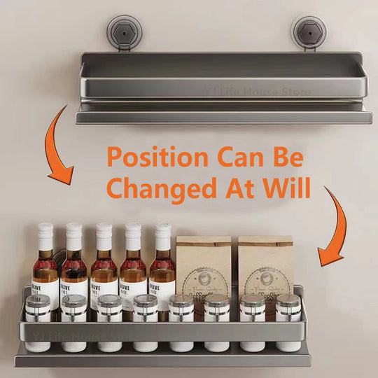 Suction Cup Kitchen Shelf Aluminum Spice Storage Rack Wall Mounted Seasoning Organizer No Drilling Kitchen Organizer Wall Shelf