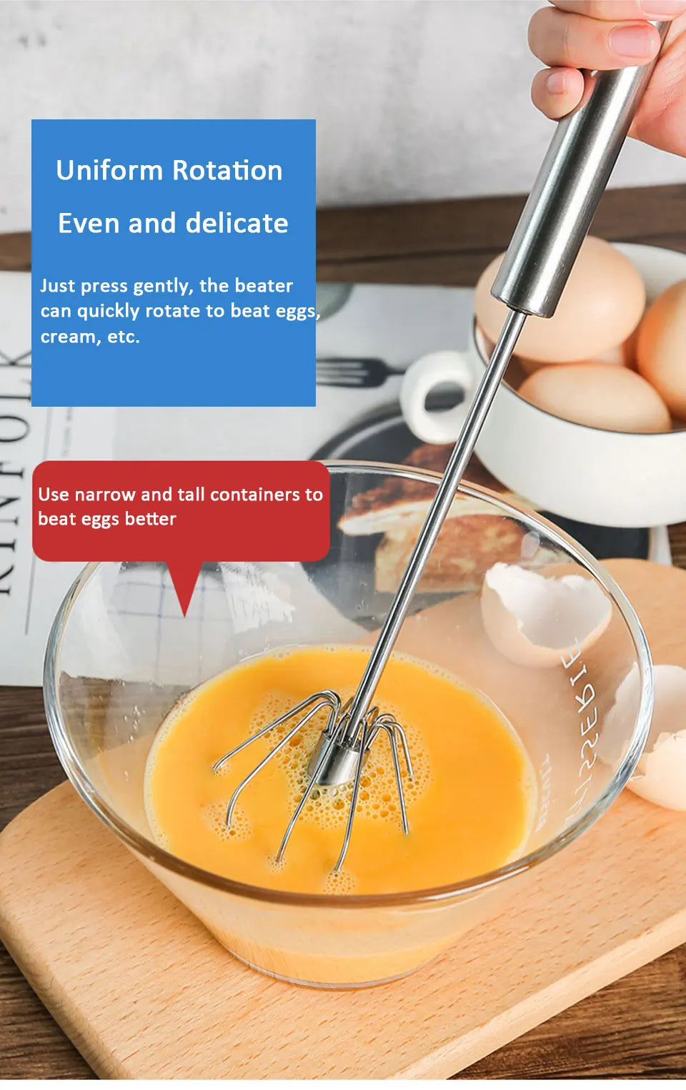 Semi-Automatic Egg Beater 304 Stainless Steel Egg Whisk Manual Hand Mixer Self Turning Egg Stirrer Kitchen Egg Tools