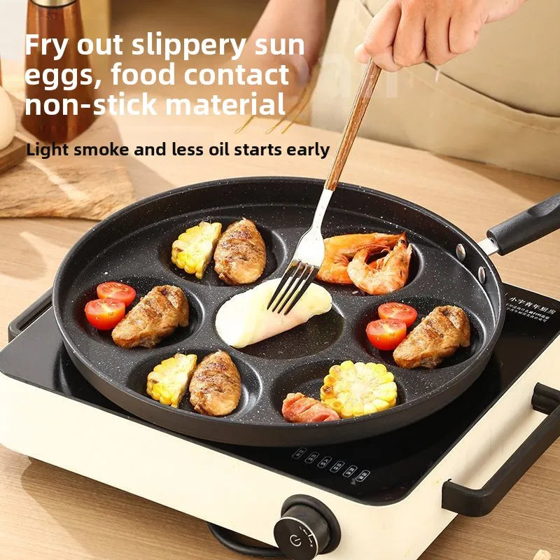 Seven-Hole Non-Stick Frying Pan with Maifan Stone for Home Use, Suitable for Eggs, Burgers, Breakfast, and Induction Cookers