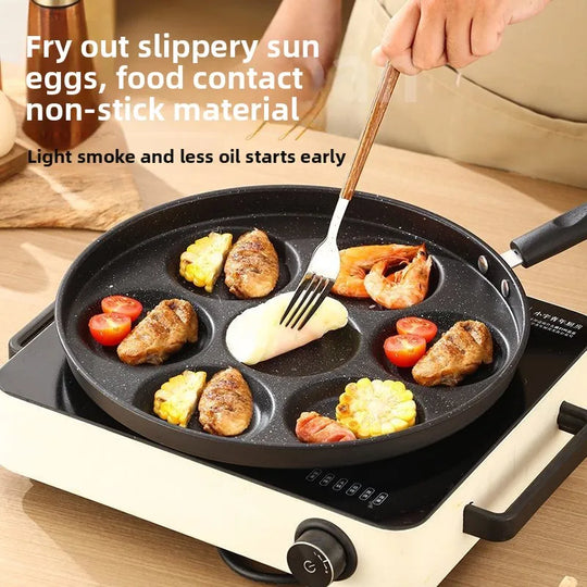 Seven-Hole Non-Stick Frying Pan with Maifan Stone for Home Use, Suitable for Eggs, Burgers, Breakfast, and Induction Cookers