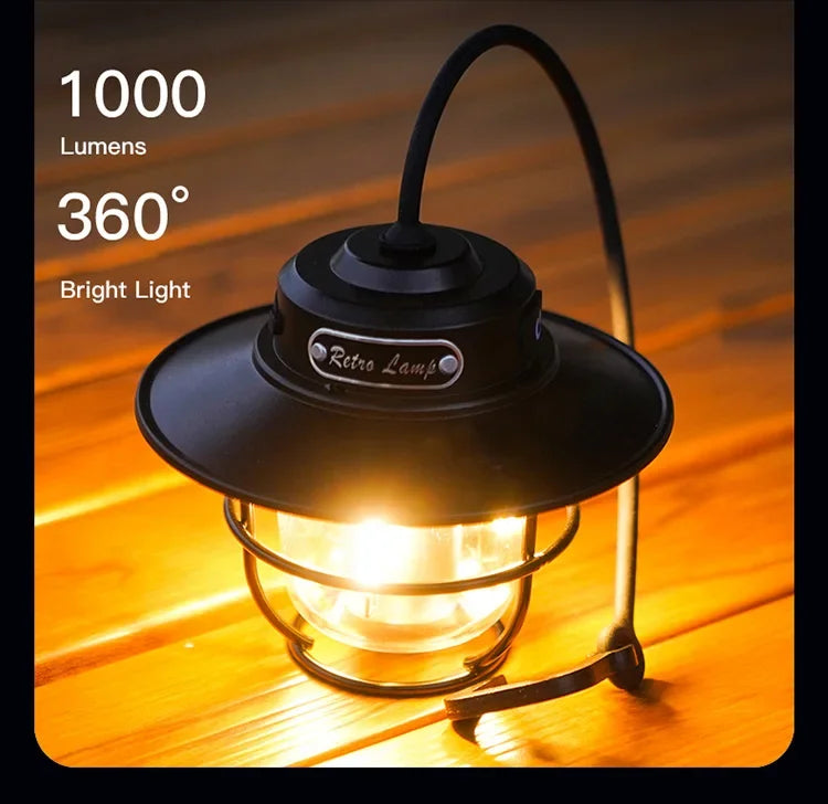 LED Camping Lamp Retro Hanging Lamp Portable Stepless Dimming Camping Light Waterproof Rechargeable Outdoor Light Lantern