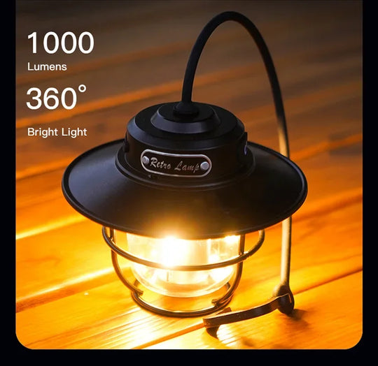 LED Camping Lamp Retro Hanging Lamp Portable Stepless Dimming Camping Light Waterproof Rechargeable Outdoor Light Lantern