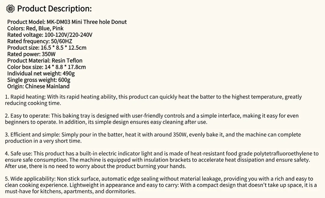 MOCATT 3-Hole Donut Maker, Food Processing Machine,Breakfast, Baking, Dessert, Cake, Kitchen Small Appliances