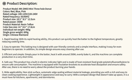 MOCATT 3-Hole Donut Maker, Food Processing Machine,Breakfast, Baking, Dessert, Cake, Kitchen Small Appliances