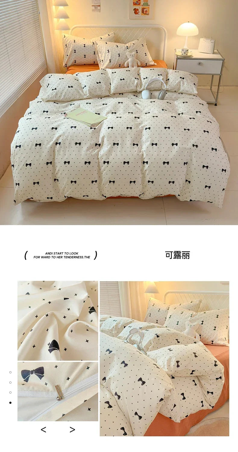 Queen Bedding Set Reactive Printed Bed Sheet Sets Washed Polyester Soft Duvet Cover Bed Sheet Pillowcase Cartoon Bedding Bed Set