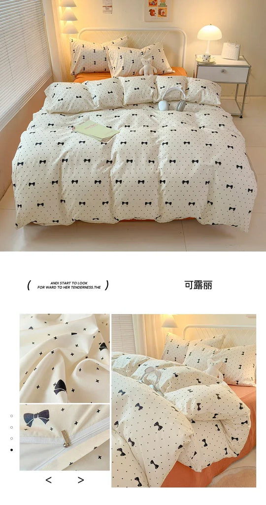 Queen Bedding Set Reactive Printed Bed Sheet Sets Washed Polyester Soft Duvet Cover Bed Sheet Pillowcase Cartoon Bedding Bed Set