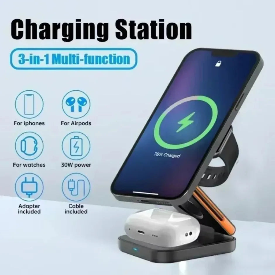 Fast Charging Station 3 in 1 Foldable Magnetic Wireless Charger Stand for iPhone 16 15 14 13 12 iWatch 10-2 Airpods Pro Max