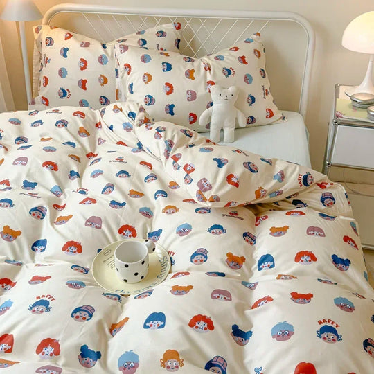 Queen Bedding Set Reactive Printed Bed Sheet Sets Washed Polyester Soft Duvet Cover Bed Sheet Pillowcase Cartoon Bedding Bed Set
