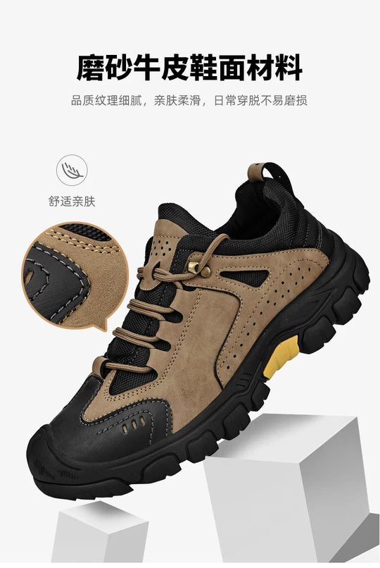 Men's Leather Outdoor Lace Up Anti Slip Sports Shoes Comfortable  Lightweight Hiking Shoes Casual  Breathable Hiking Shoes