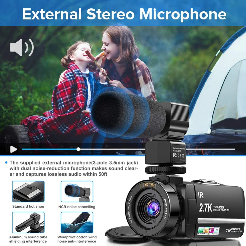 2.7K Camcorder Video Camera 36MP with LED Fill Light