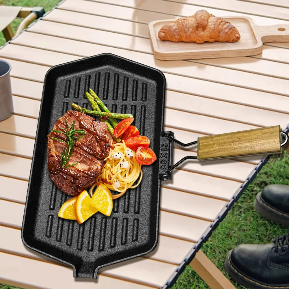 34X19cm Cast Iron Grill Pan Rectangular Frying Pan with Handle Skillet for Induction Cooker for Hiking Picnic Cooking