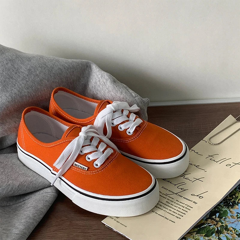 Casual Flats Canvas Sneakers Women Outdoor Solid Color Shallow Sports Shoes Tennis Female Streetwear Lace Up Vulcanize Shoes
