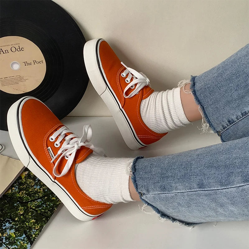Casual Flats Canvas Sneakers Women Outdoor Solid Color Shallow Sports Shoes Tennis Female Streetwear Lace Up Vulcanize Shoes
