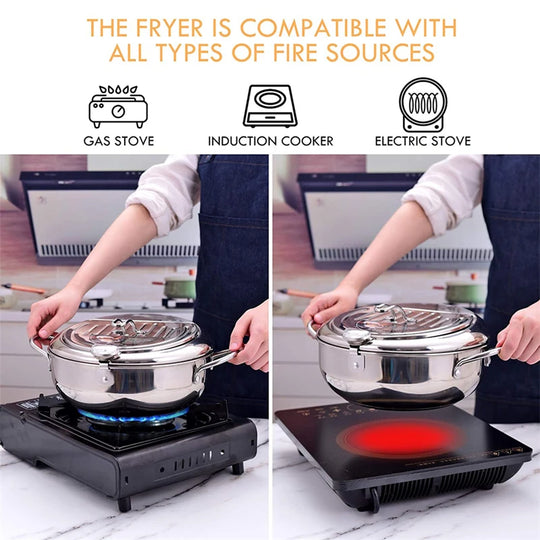 Japanese Deep Frying Pot with a Thermometer and a Lid 304 Stainless Steel Kitchen Tempura Fryer Pan 20/24cm Induction Heating Pa