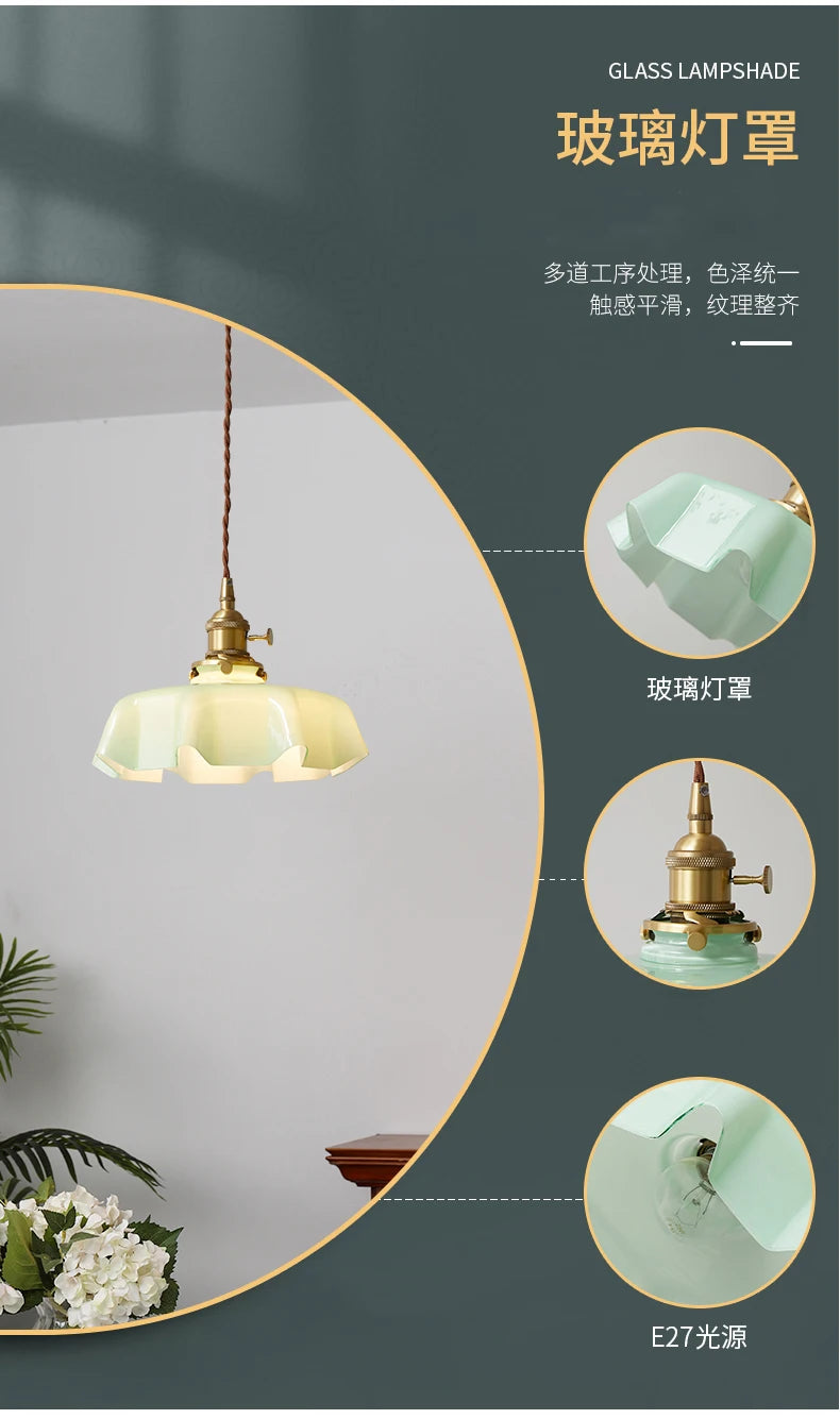 Modern Glass Flower Long-linePendant Lamp With Switch Aluminum all-Copper Lamp Head Bedroom Bedside And Dining Room Lighting