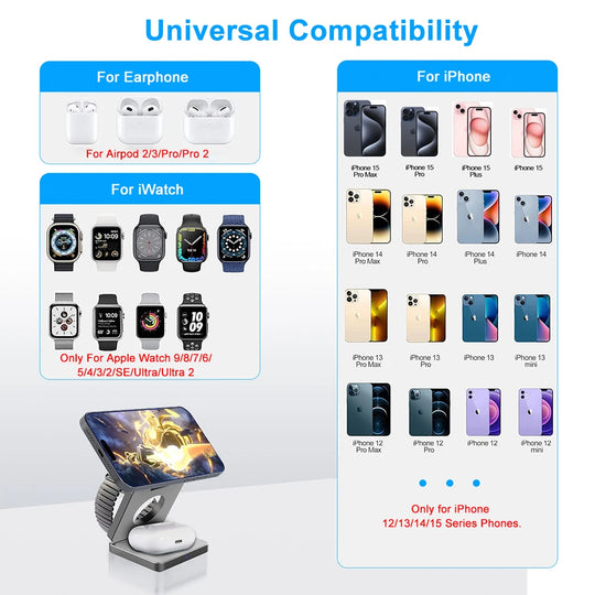 Wireless Charger for iPhone 3 in 1 Foldable Magnetic Wireless Charging Station for iPhone 15 14 13 12 Pro Max Charger Station