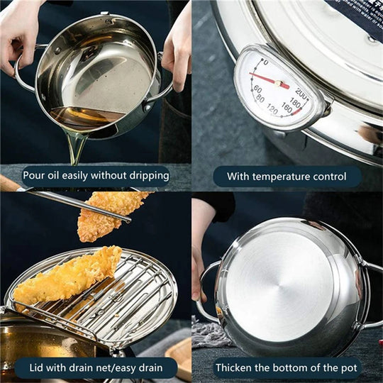 Japanese Deep Frying Pot with a Thermometer and a Lid 304 Stainless Steel Kitchen Tempura Fryer Pan 20/24cm Induction Heating Pa