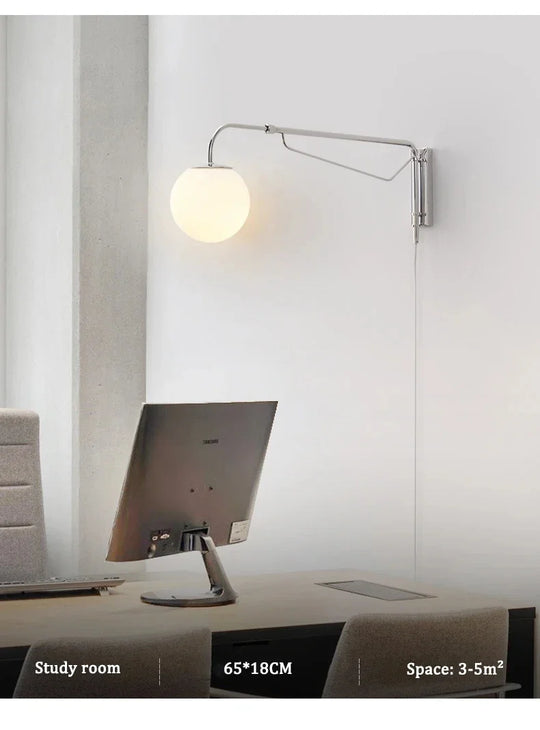 LED Wall Light  Chrome Long Pole Rocker Arm Wall Lamps Rotatable Arm Lamp Minimalist Bedroom Living Room