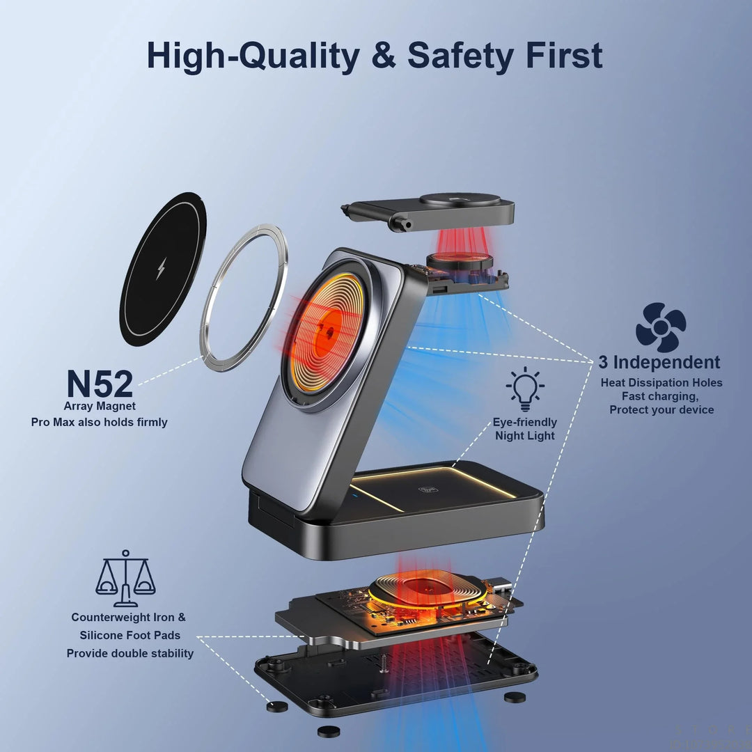 Foldable Magnetic 3-in-1 Wireless Charging Station 15W Fast Charge - Portable Travel Dock for iPhone 16/15/14 Pro Max Series