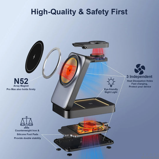 Foldable Magnetic 3-in-1 Wireless Charging Station 15W Fast Charge - Portable Travel Dock for iPhone 16/15/14 Pro Max Series